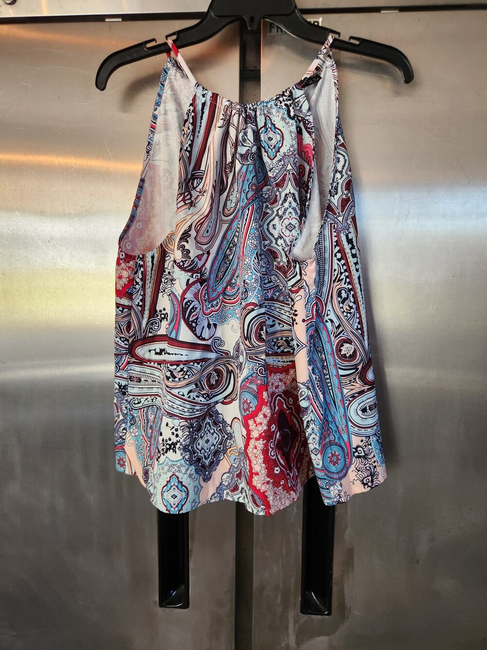 Emery Rose Womens Halter Neck Swing Top XL | Red Blue Paisley Boho Keyhole
